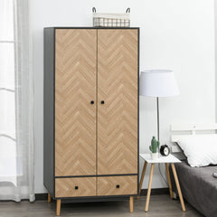 HOMCOM Modern Wardrobe Cabinet Wood Grain Sticker Surface with Shelf, Hanging Rod and 2 Drawers 90x50x190cm | Aosom UK