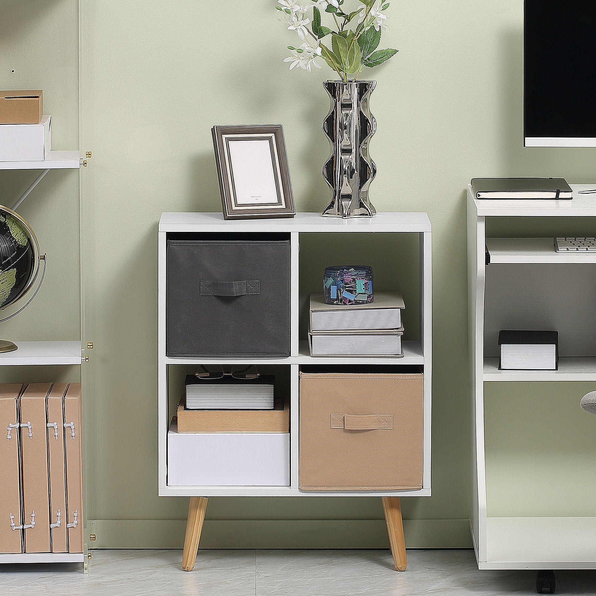 Kozy Freestanding 4 Cube Unit Cabinet Unit w/ 3 Fabric Drawers Handles Home Office Storage Shelves