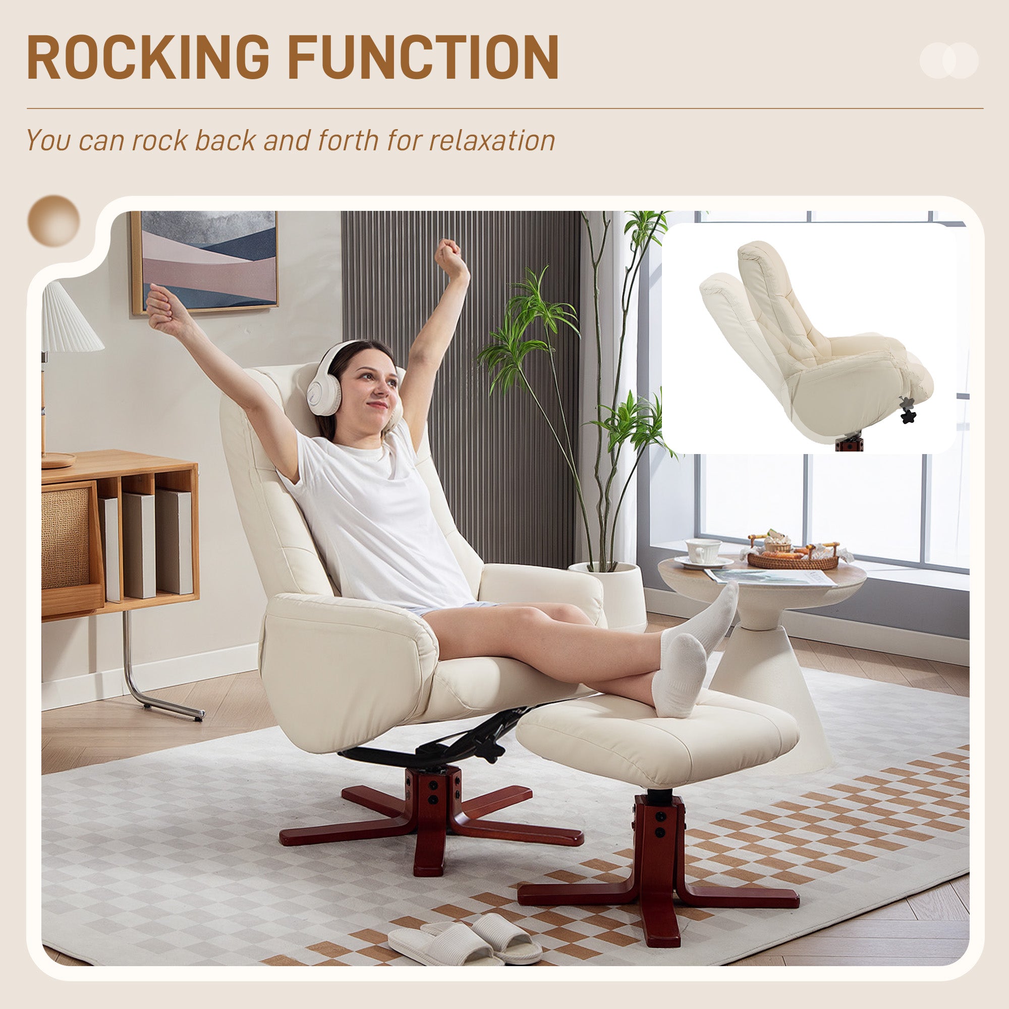 Kozy - Rocking Recliner Chair with Footstool, PU Leather Recliner Armchair with Wood Base, Upholstered Reclining Chair for Living Room Bedroom, Cream