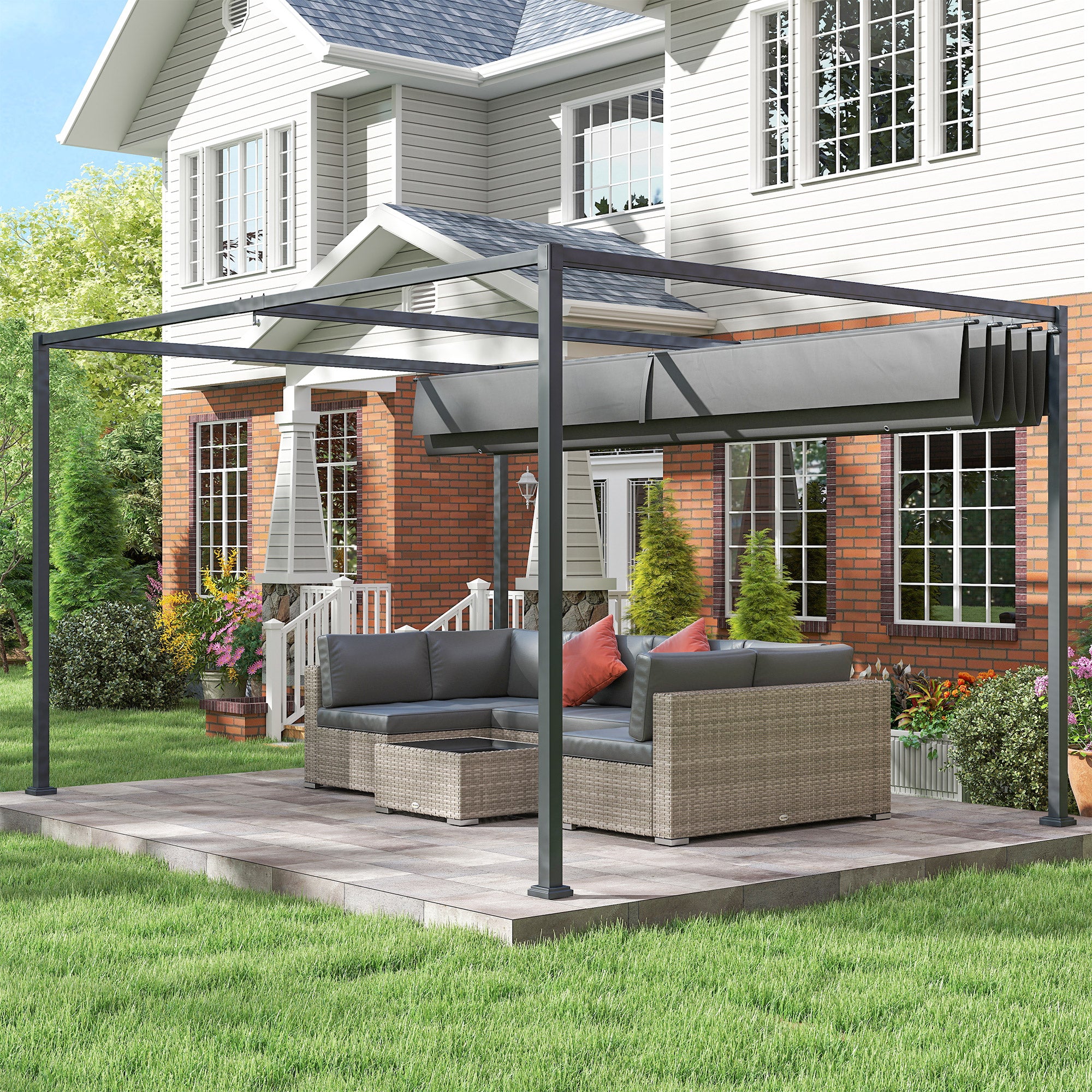 Kozy 4 x 3(m) Metal Outdoor Pergola with Retractable Roof, Outdoor Gazebo with Drainage Holes for Garden, Patio, Lawn, Grey