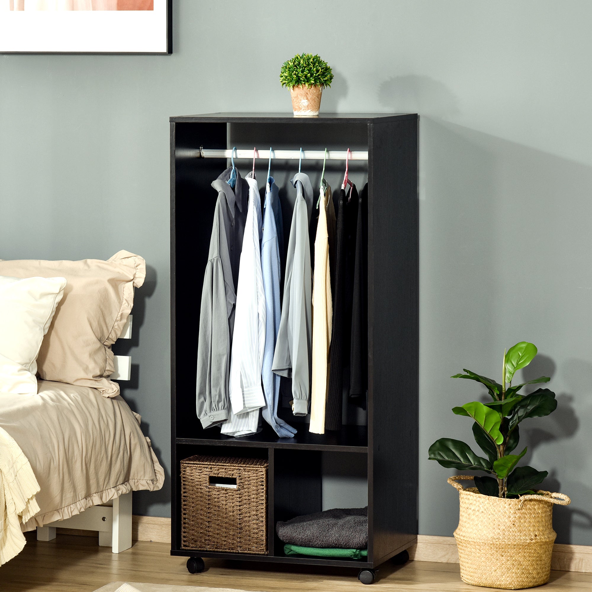 Kozy Open Wardrobe on Wheels, Bedroom Wardrobe with Clothes Hanging Rail, 2 Storage Shelves, Mobile Garment Rack for Cloakroom, Hallway, Black
