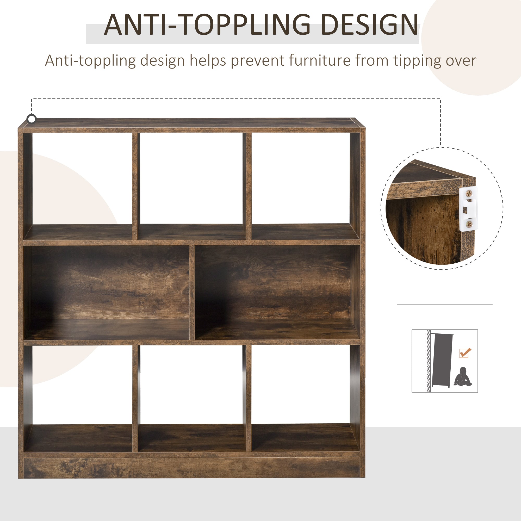 Kozy 3-Tier Bookcase, Storage Shelf Unit with Open Compartments, for Living Room, Bedroom, Office, Divider, 97.5 x 30 x 100 cm, Rustic Brown