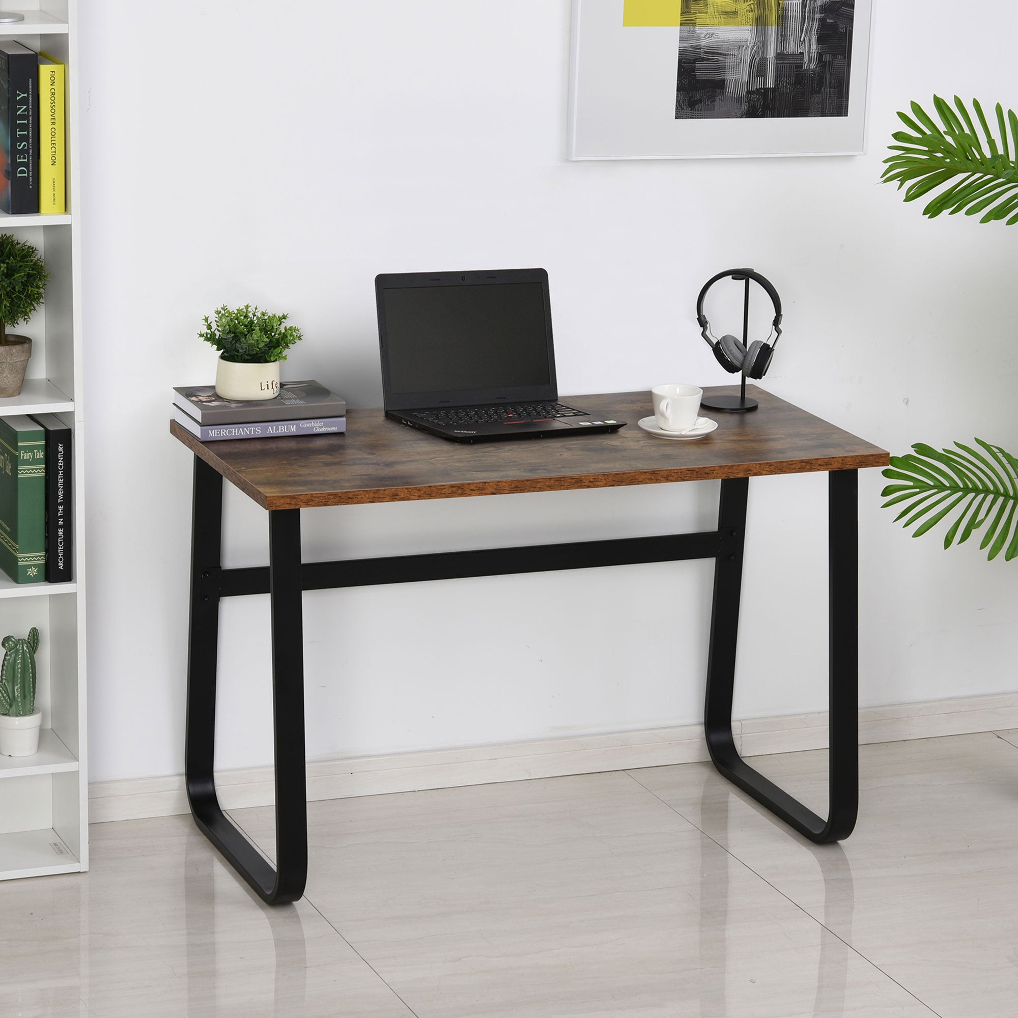 Kozy Computer Table, Writing Desk with Steel Frame and Wood Top, Industrial Home Study Table, 115 x 58 x 74.5cm, Rustic Brown and Black
