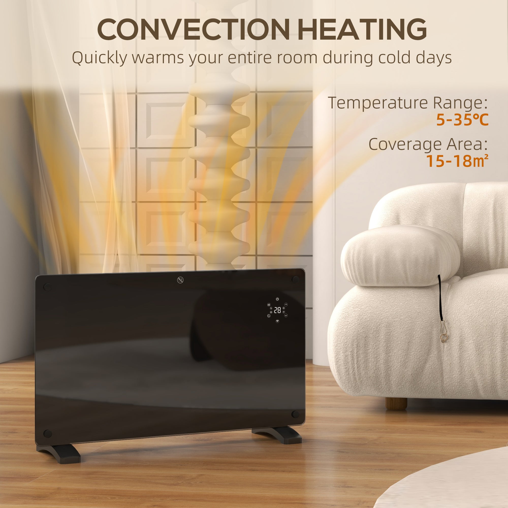 Kozy - Electric Heater Wifi Smart App, 1500W Glass Panel Heater Radiator, Freestanding or Wall Mounted Convector Space Heater with LED Display, 24Hr 7 Day Timer, Adjustable Thermostat, Remote Control