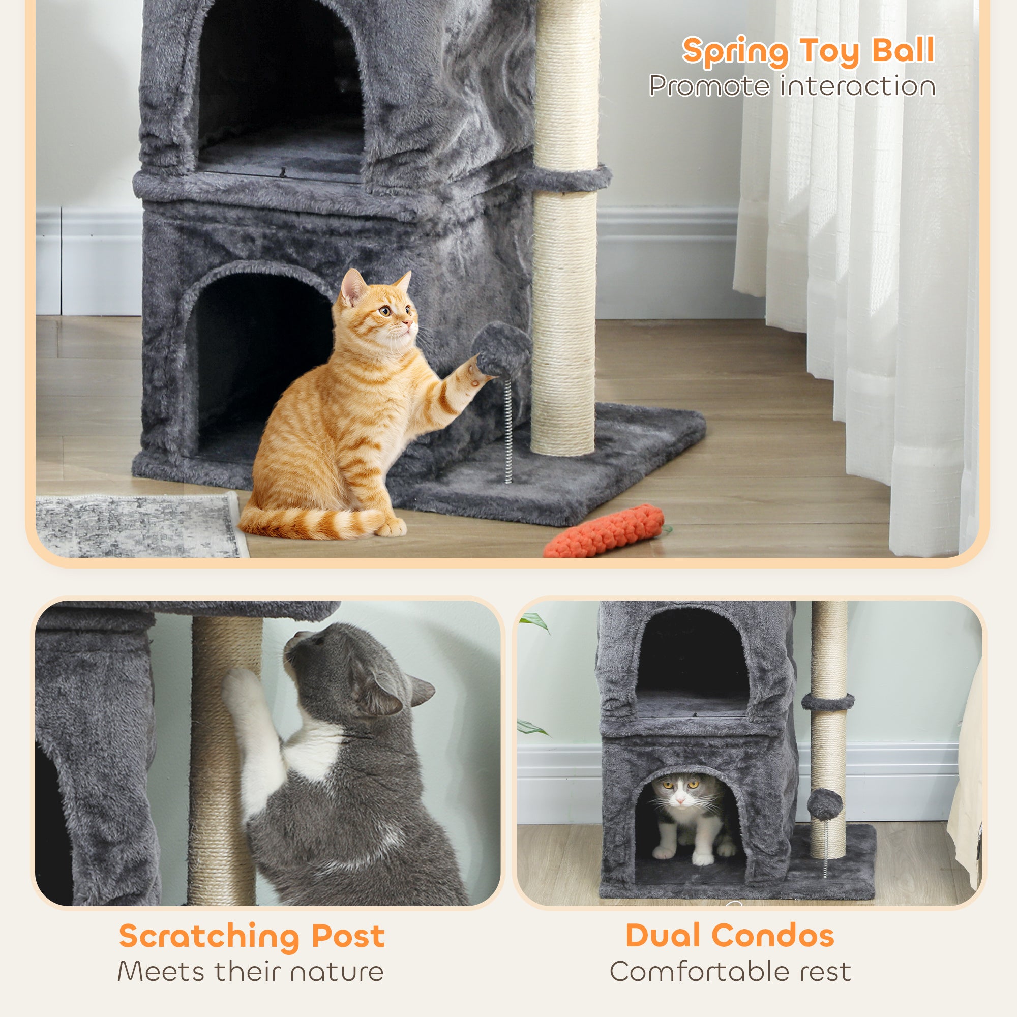 Kozy - 66 cm Small Cat Tree for Large Cats, Cat Tower w/ Large Top Perch, 2 Condos, Sisal Scratching Post, Toy Ball, Dark Grey
