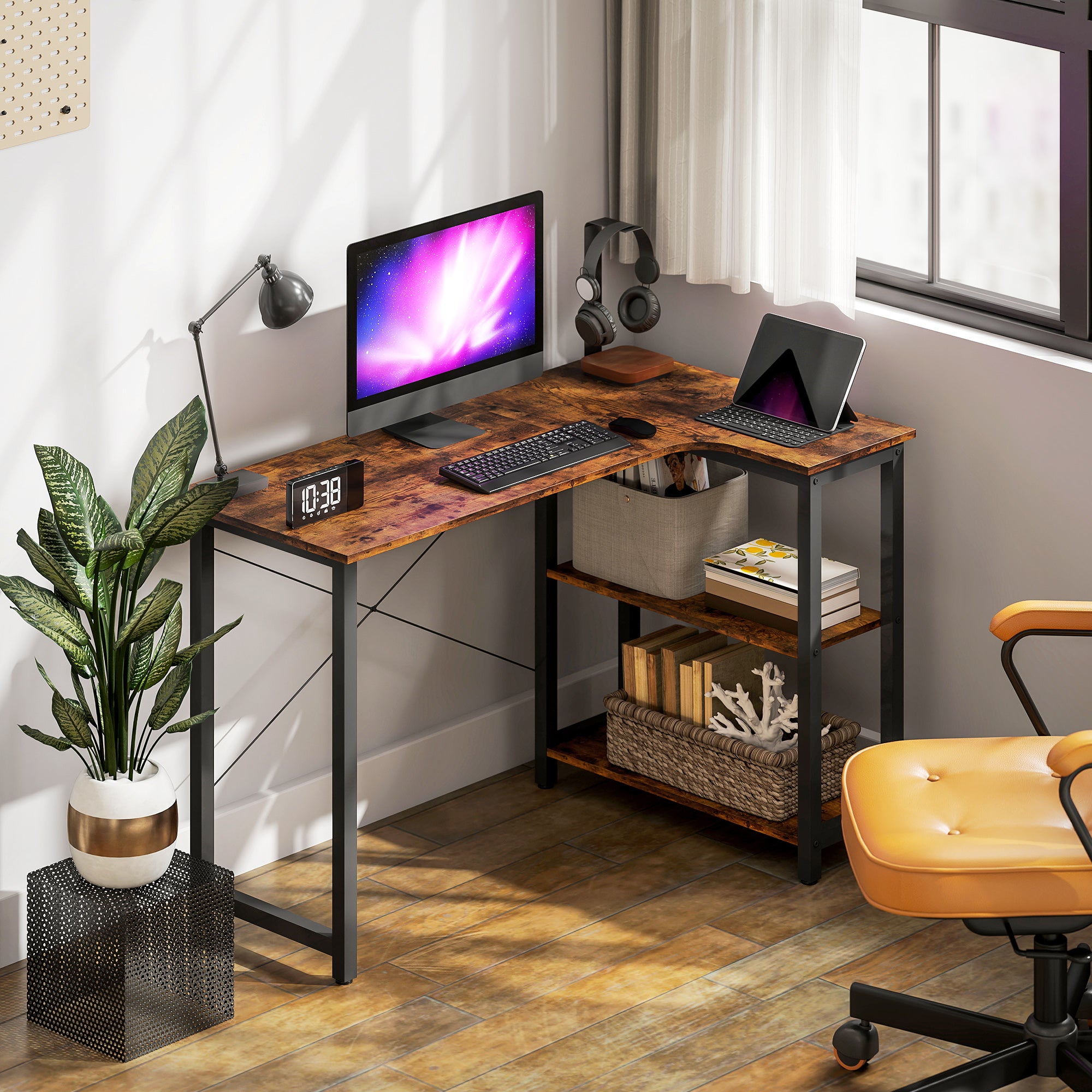 Kozy - L Shaped Desk, Corner Computer Desk with Bookshelf for Home Office, Study Room, Workstation, 120 x 73.2 x 75cm, Rustic Brown