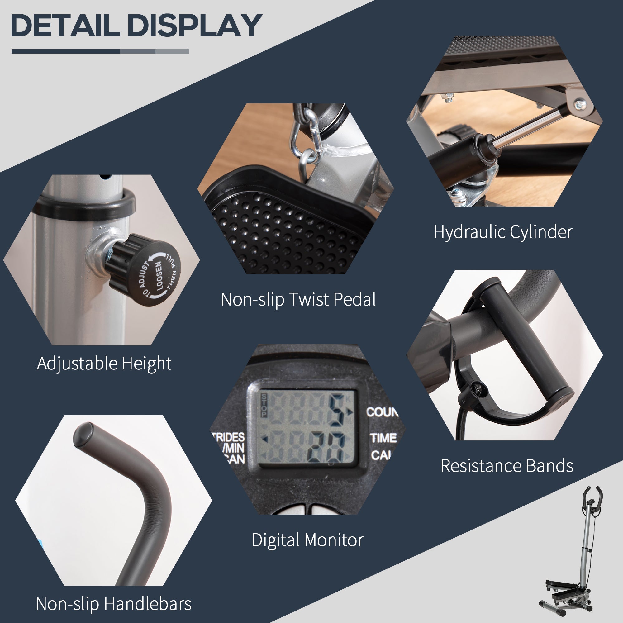 Kozy Adjustable Twist Stepper Fitness Step Machine, LCD Screen, Height-Adjust Handlebars, Home Gym, Silver and Black