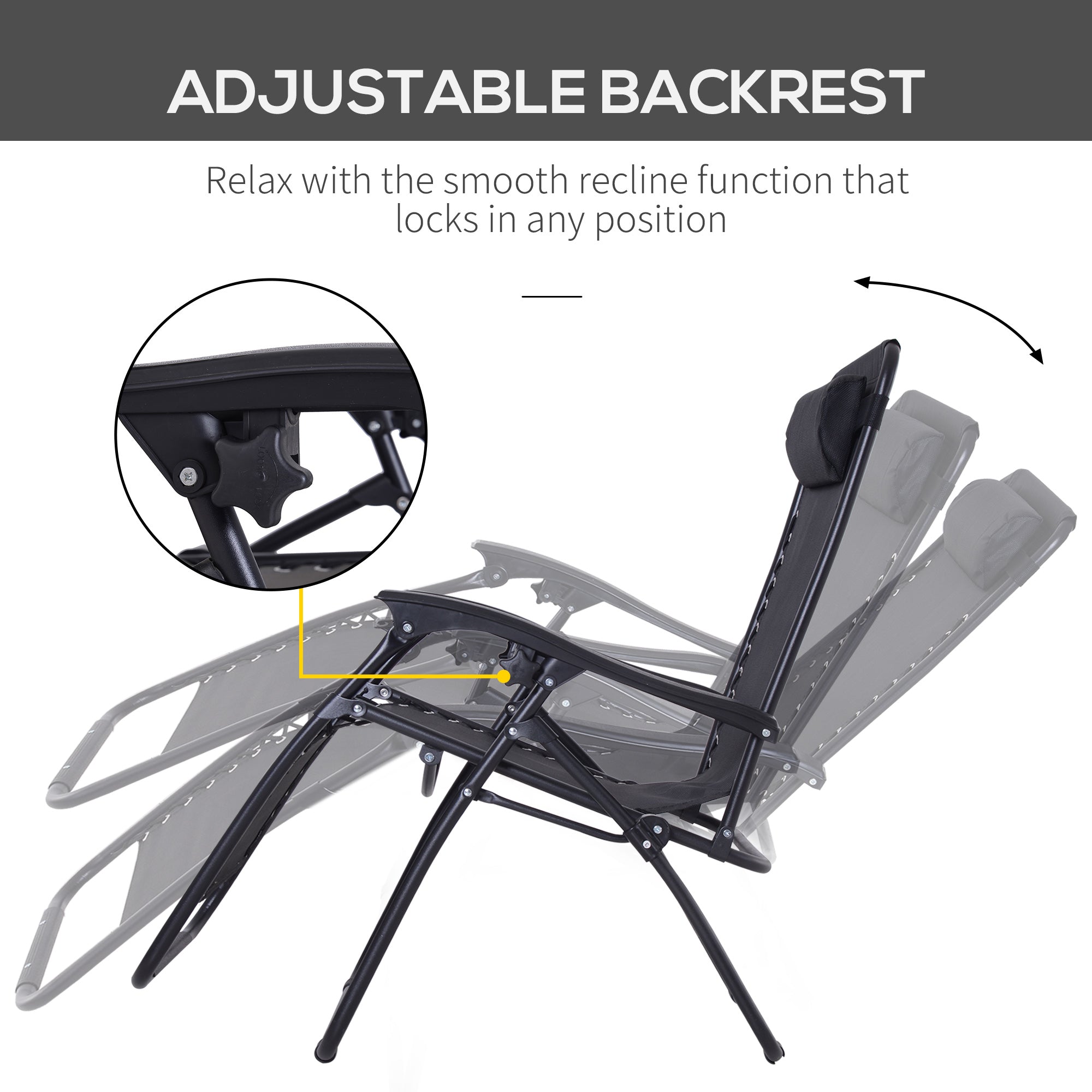 Kozy - Zero Gravity Chair Set of 2, Metal Frame Texteline Armchair Outdoor Folding and Reclining Sun Lounger with Head Pillow for Patio Decking Gardens Camping, Black