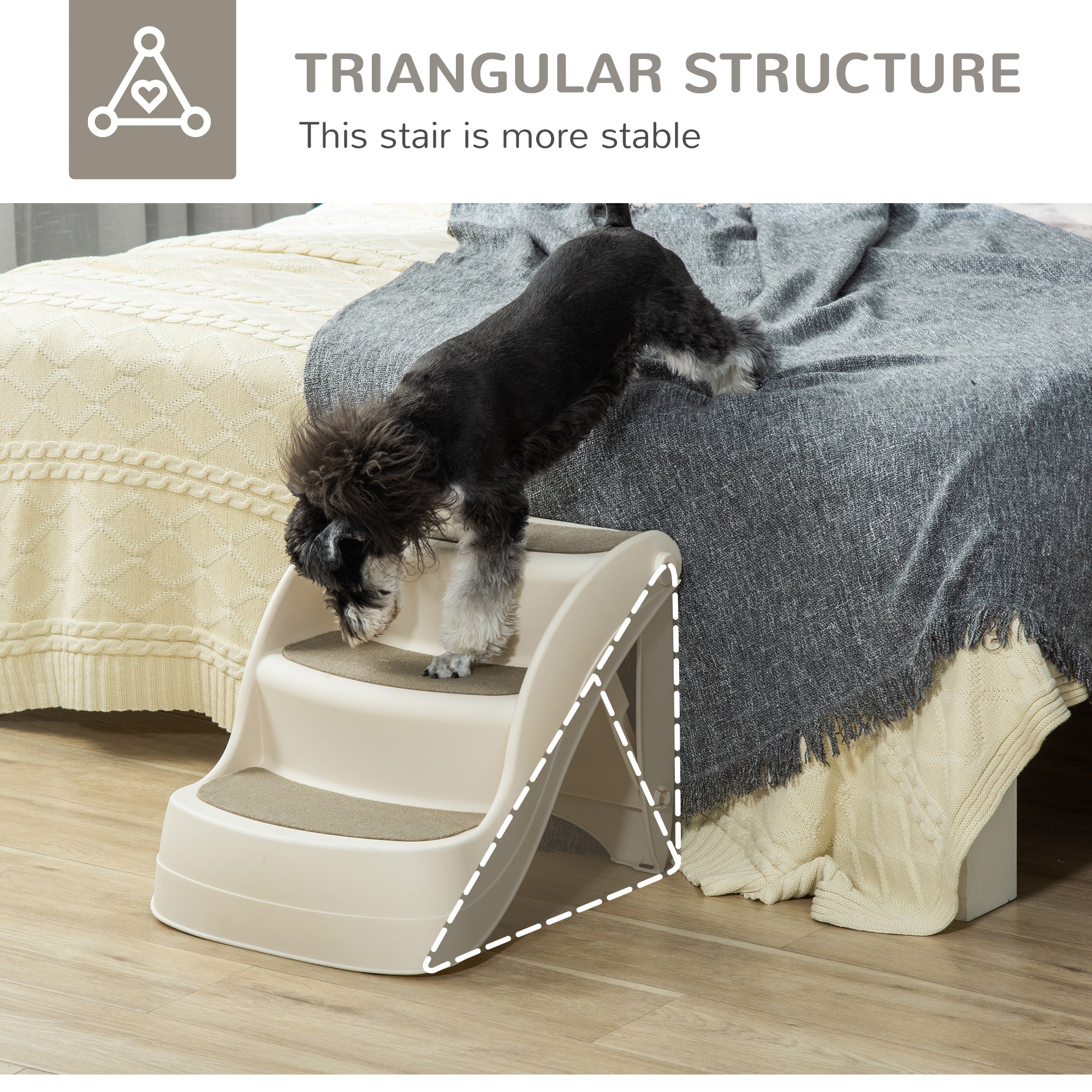 Kozy Foldable Pet Stairs Portable Dog Steps 3-Step Design with Non-slip Mats for High Beds, Sofas, 49 x 38 x 38 cm, Cream