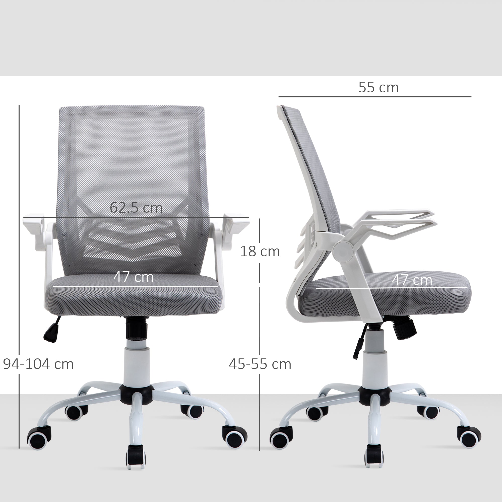 Kozy Office Chair with Flip-up Armrest, Mid Back Desk Chair with Mesh Back, Lumbar Support, Adjustable Height, Swivel Wheels for Home, Grey