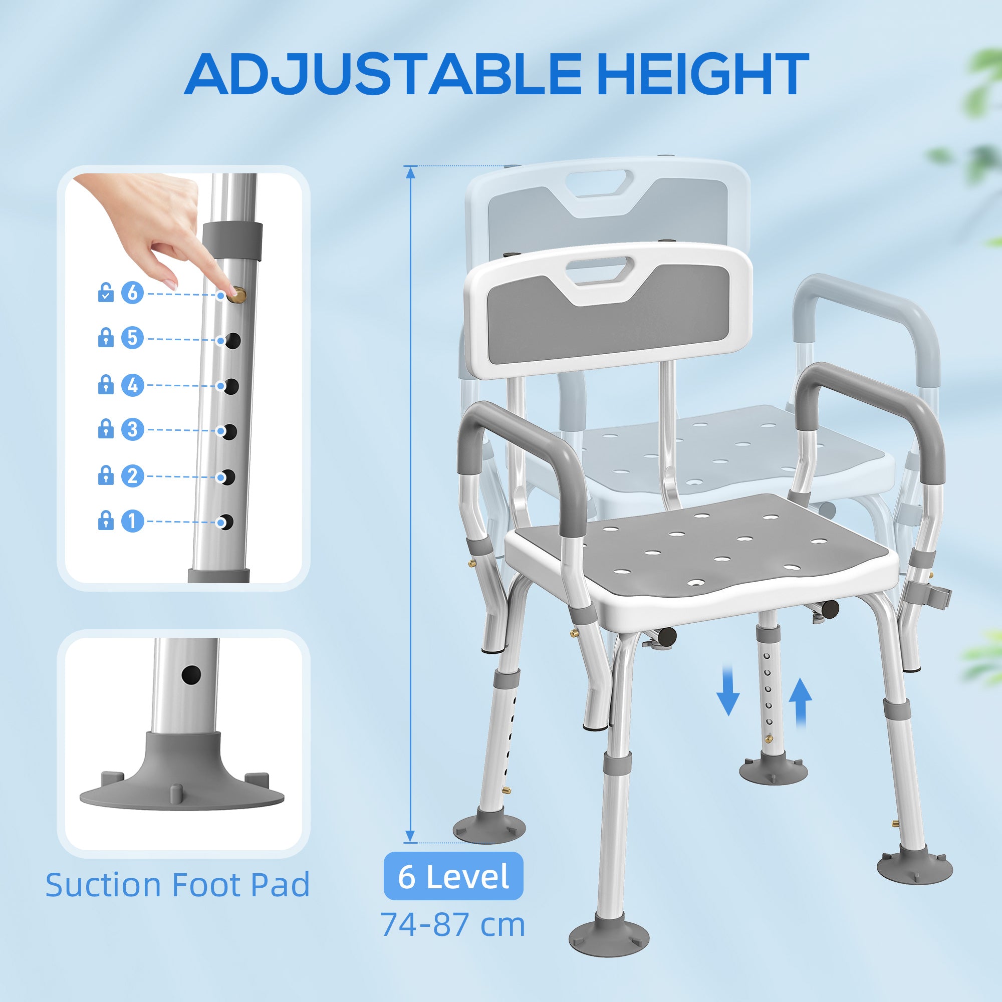 Kozy - EVA Padded Shower Chair for the Elderly and Disabled, Height Adjustable Shower Stool with Back and Arms, 4 Suction Foot Pads, Light Grey