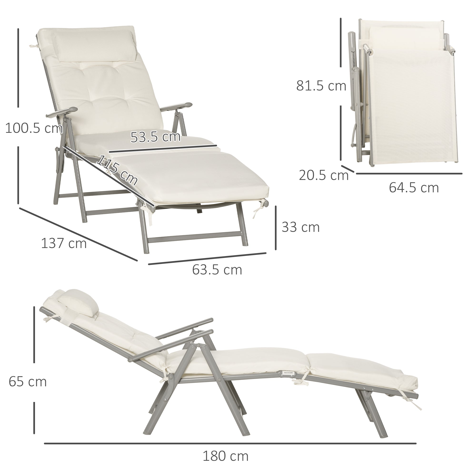 Kozy Sun Lounger Steel Frame Outdoor Folding Chaise Texteline Lounge Chair Recliner with Headrest & 7 Levels Adjustable Backrest, Cream White