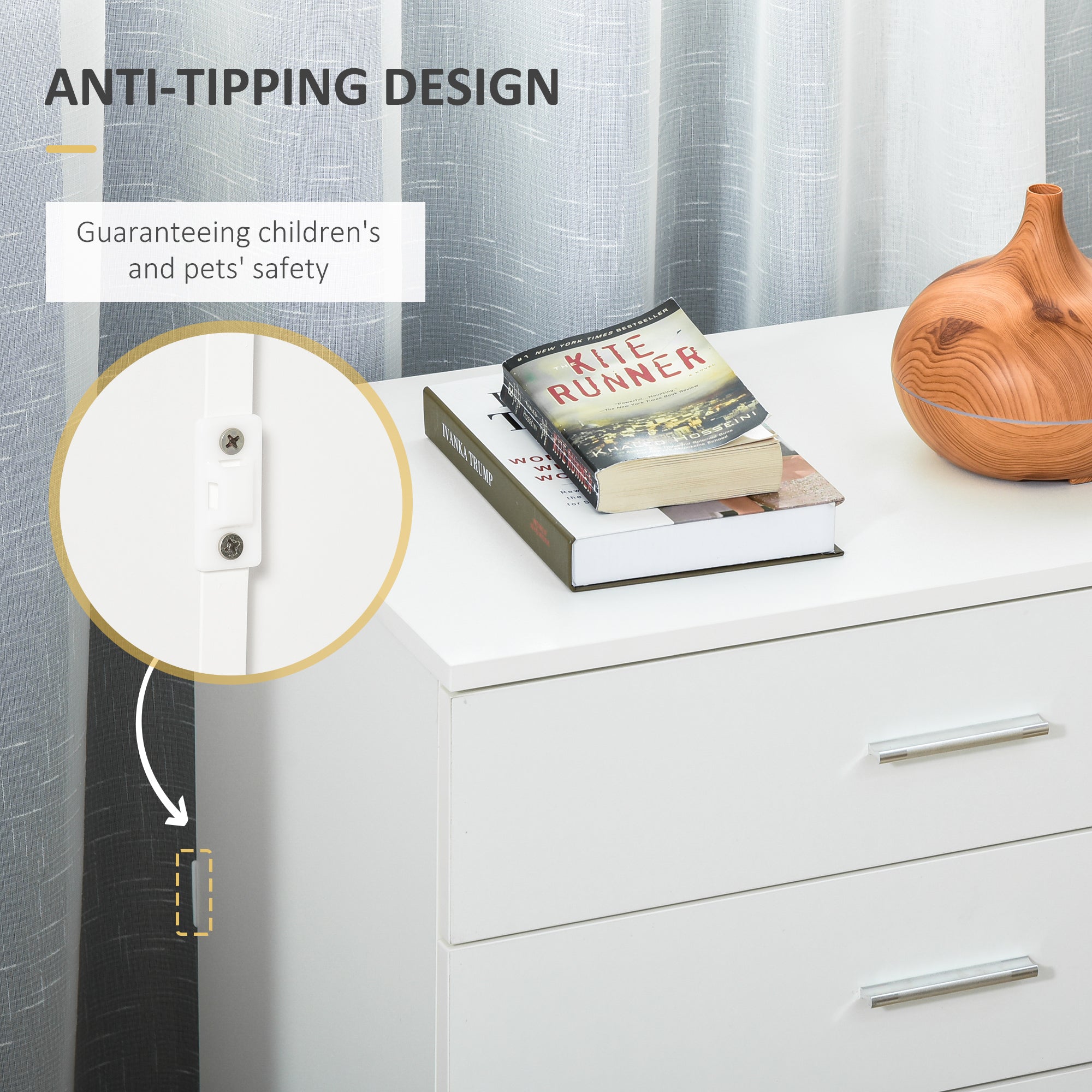 Kozy Chest of Drawers, 4 Drawers Storage Cabinet with Metal Rails, Anti-Tip for Playroom, Nursery Room, Hallway, etc