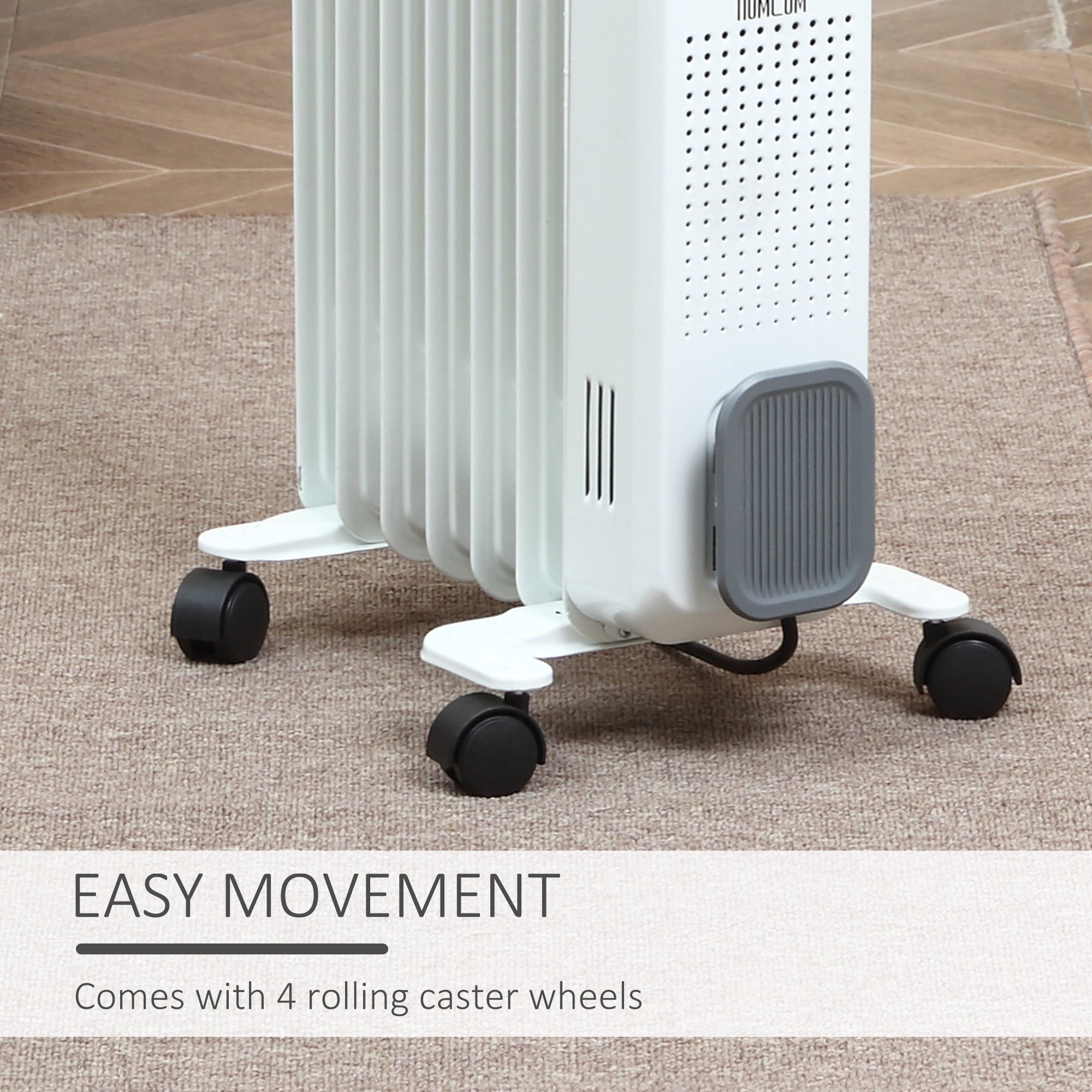 Kozy 1500W Oil Filled Radiator, 7 Fin, Portable Electric Heater with 3 Heat Settings, Safety Cut-Off and Wheels, White