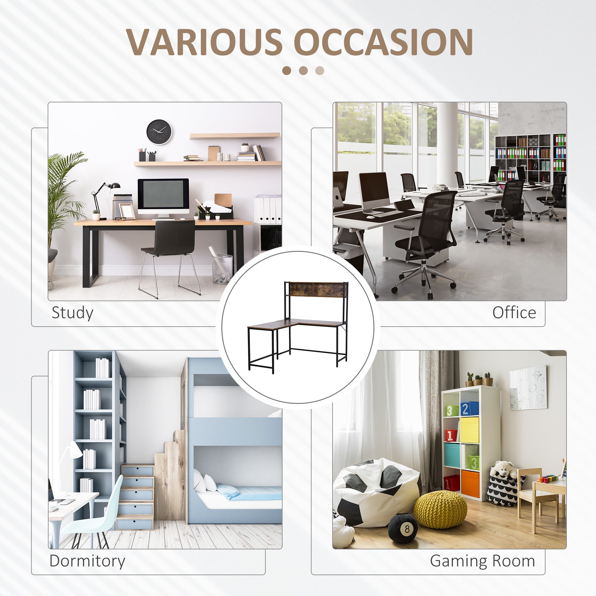 Kozy L Shaped Desk with Book Shelf, Industrial Corner Computer Desk, Writing Table with Steel Frame for Home Office, Bedroom, Study Room, 140 x 125cm, Brown