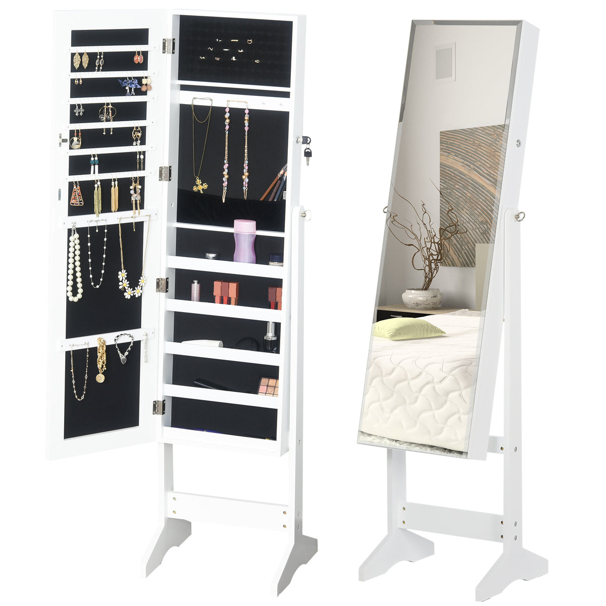 Kozy Jewelry Cabinet Standing Mirror Full Length Makeup Lockable Armoire Storage Organizer White
