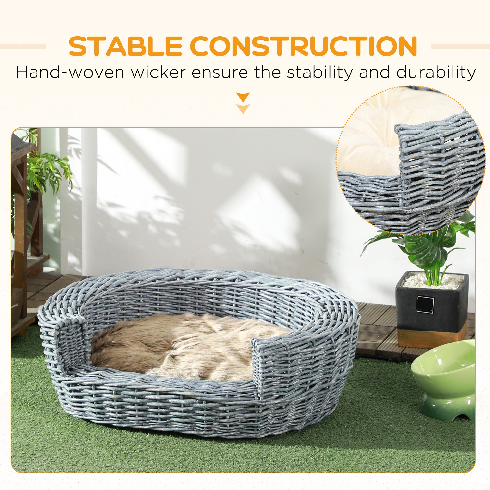 Kozy Wicker Pet Bed Willow Dog Cat Sofa Couch Puppy Basket with Cushion Grey 57L x 46W x 17.5H cm