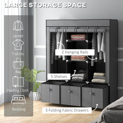 Kozy Fabric Wardrobe for Bedroom, Portable Wardrobe with 5 Shelves, 2 Hanging Rails and 3 Fabric Drawers, Foldable Closet, 125 x 43 x 162.5cm, Dark Grey