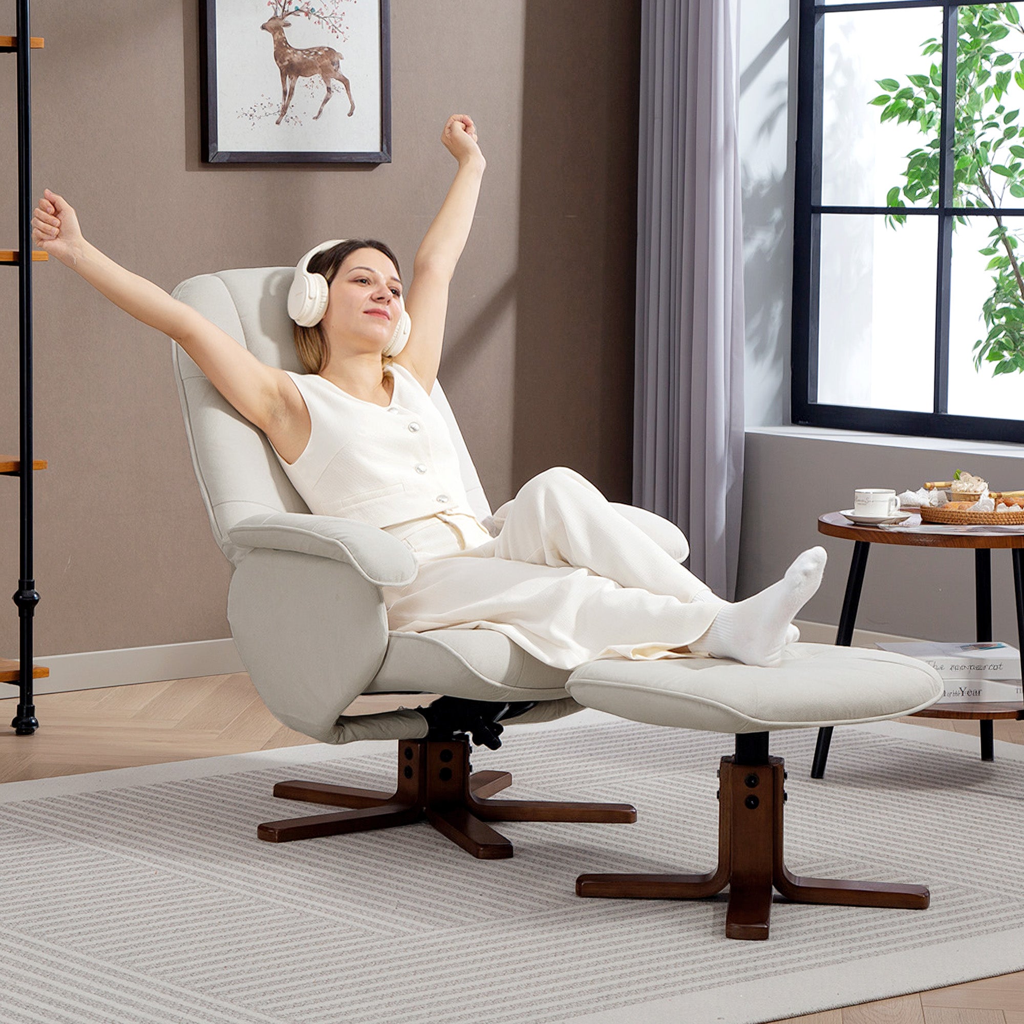 Kozy - Linen Swivel Recliner Chair with Footstool, Upholstered Reclining Armchair with Wooden Base for Living Room, Beige