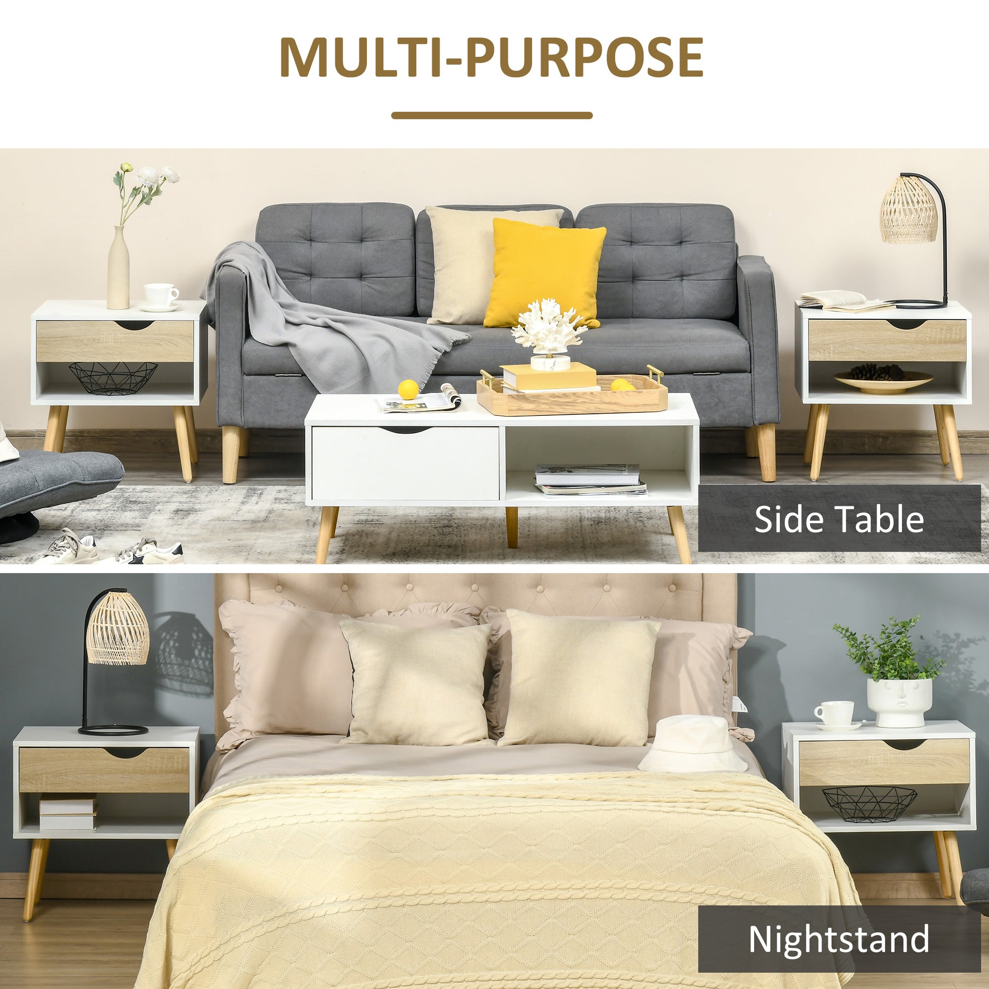 Kozy Set of 2 Bedside Table with Drawer and Shelf