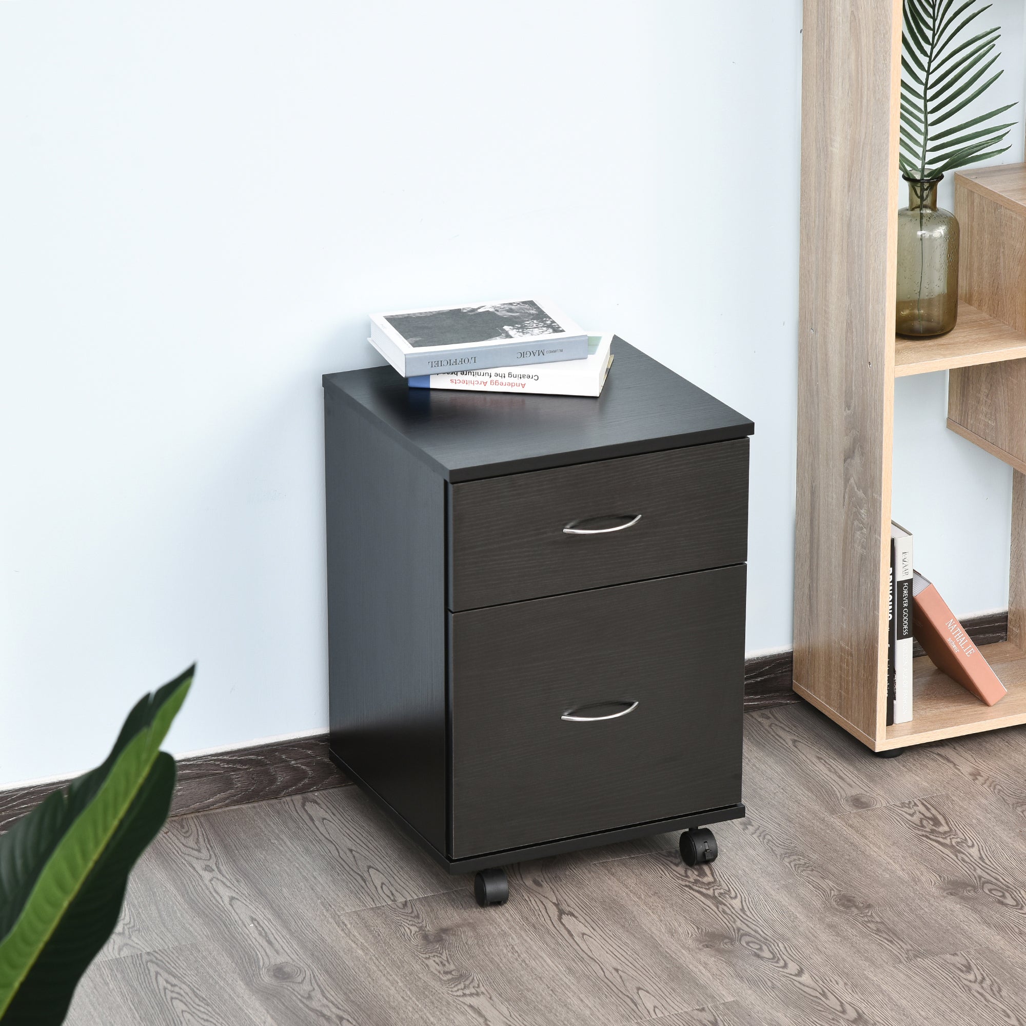 Kozy Two Drawer Filing Cabinet with Wheels- Black Wood Grain