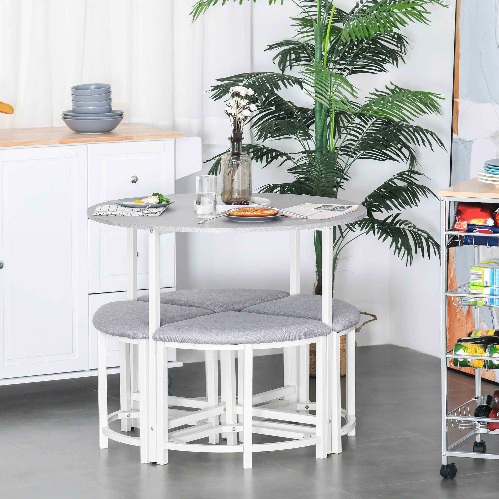 Kozy Modern Round Dining Table Set with 4 Upholstered Stools for Dining Room, Kitchen, Grey