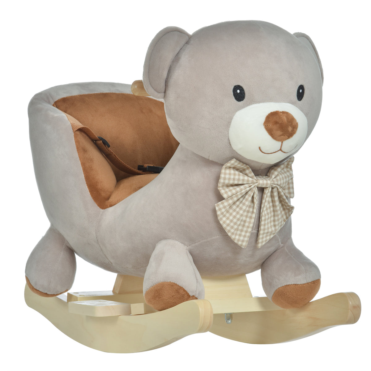 Kozy Kids Children Rocking Horse Plush Ride On Bear Seat w/ Sound Wood Base Seat Safety Belt Toddler Baby Toy for 18-36 Months Grey