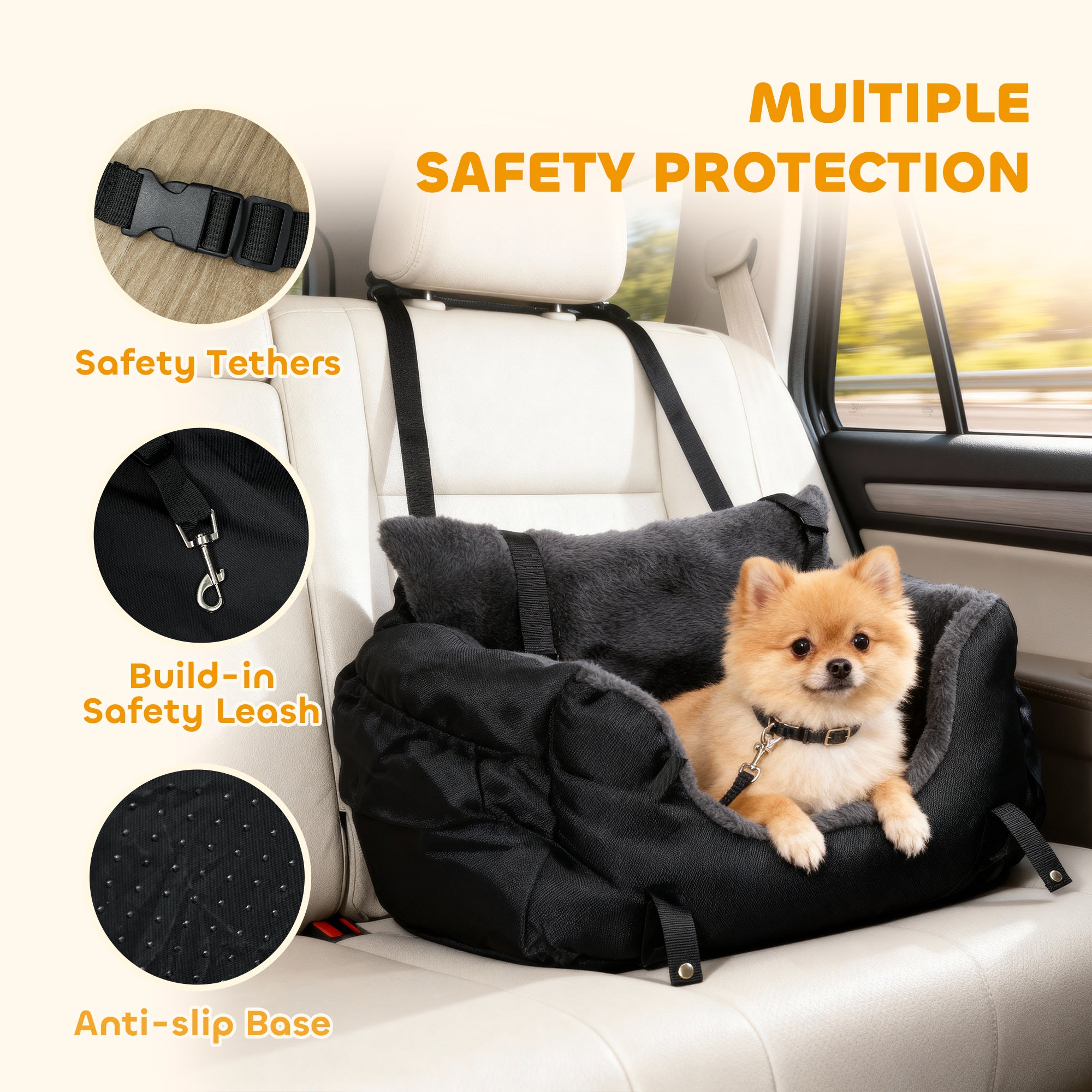 Kozy Dog Car Seat for Small Dogs with Fixed Buckle, Safety Leash, Washable Cover, 58 x 45 x 28 cm, Black