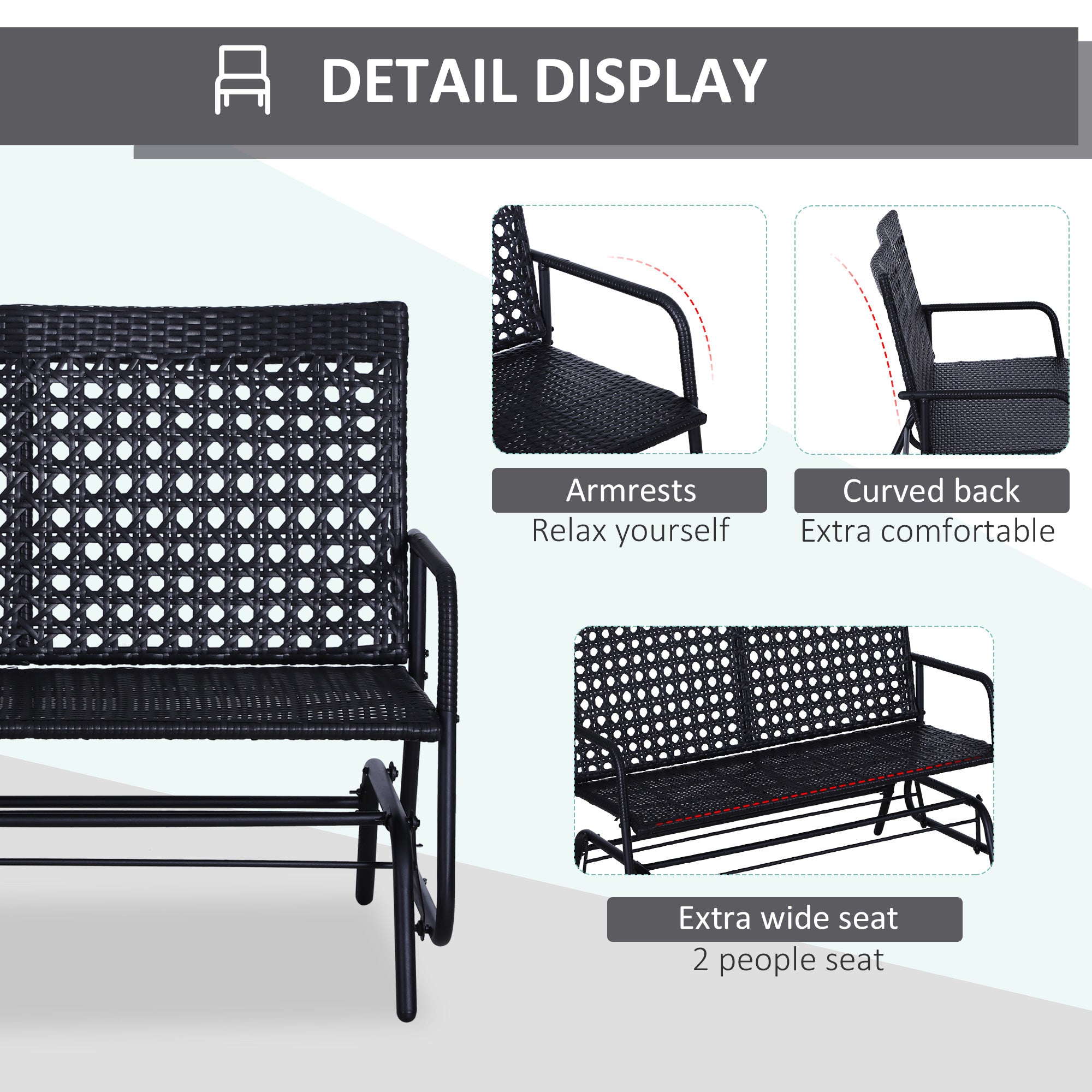 Kozy 2 Seater PE Rattan Glider Bench, Outdoor Loveseat Chair with Steel Frame, Porch Rocking Glider for 2 Person with Armchair, High Back, Black