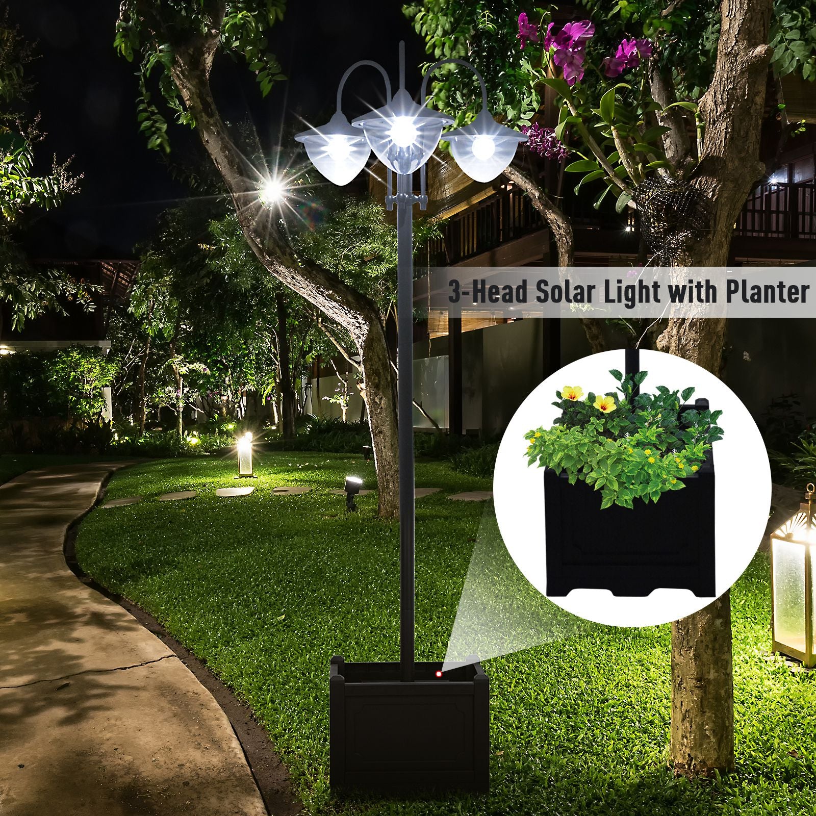 Kozy 189cm 3-head Solar Lamp Post, Street Light with Planter, Automatic-on, 6 Hour Max Outdoor Ready LED Lighting, Black