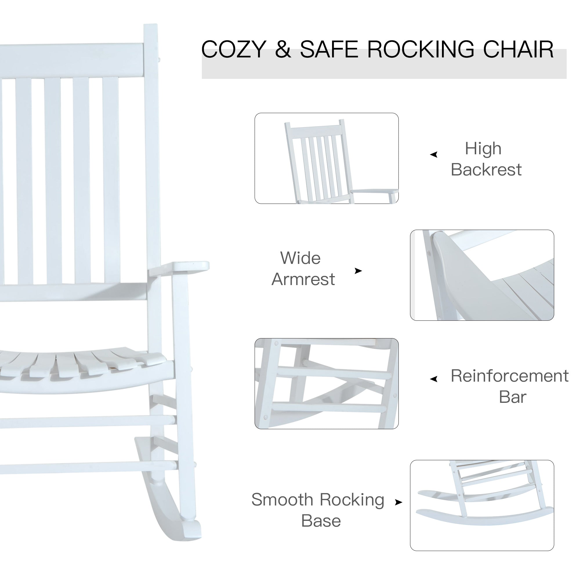 Outsunny Outdoor Porch Rocking Chair Armchair Wooden Patio Rocker Balcony Deck Garden Seat White