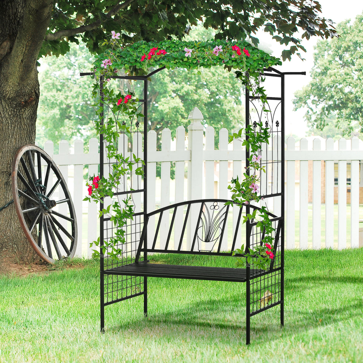 Outsunny Garden Metal Arch Arbour with Bench Love Seat Chair Outdoor Patio Rose Trellis Pergola Climbing Plant Archway Tubular