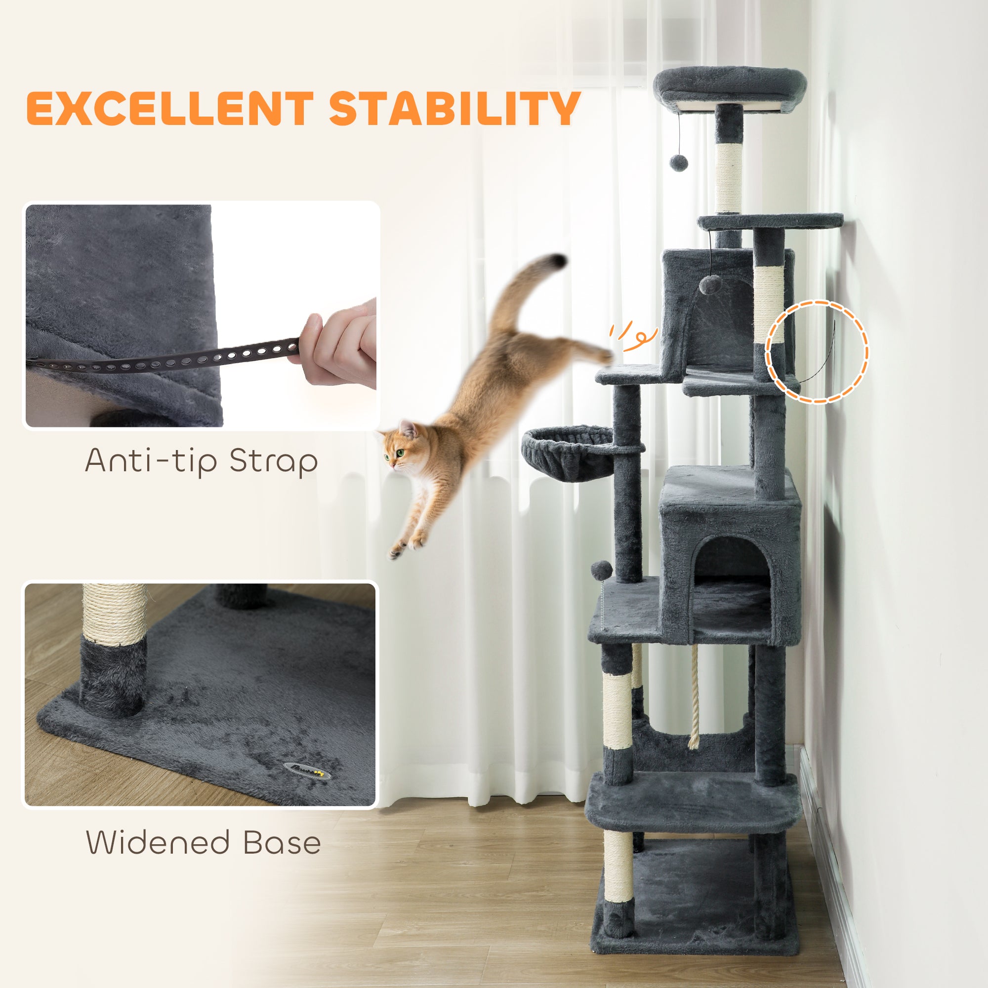 Kozy - 202cm Large Cat Tree with 6 Scratching Posts, 2 Hammocks, 2 Condos, 2 Perches, Pompoms, for Indoor Cats to Rest and Play