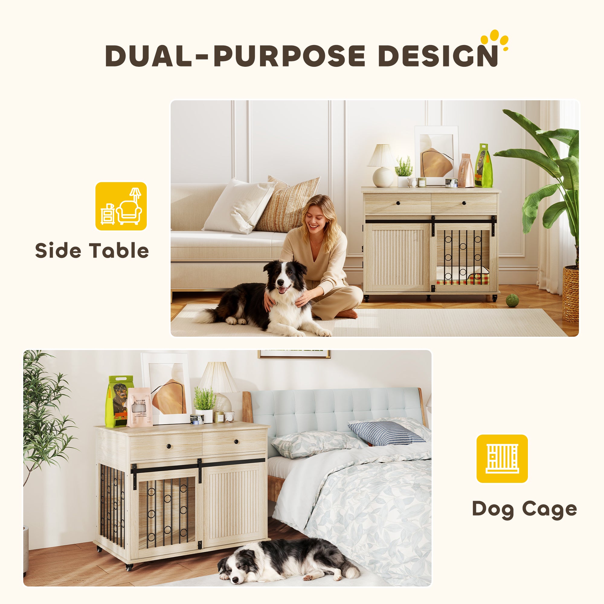 Kozy Dog Crate Furniture on Wheels, Dog Cage with 2 Drawers, Sliding Door, for Medium Large Dogs, Oak Tone