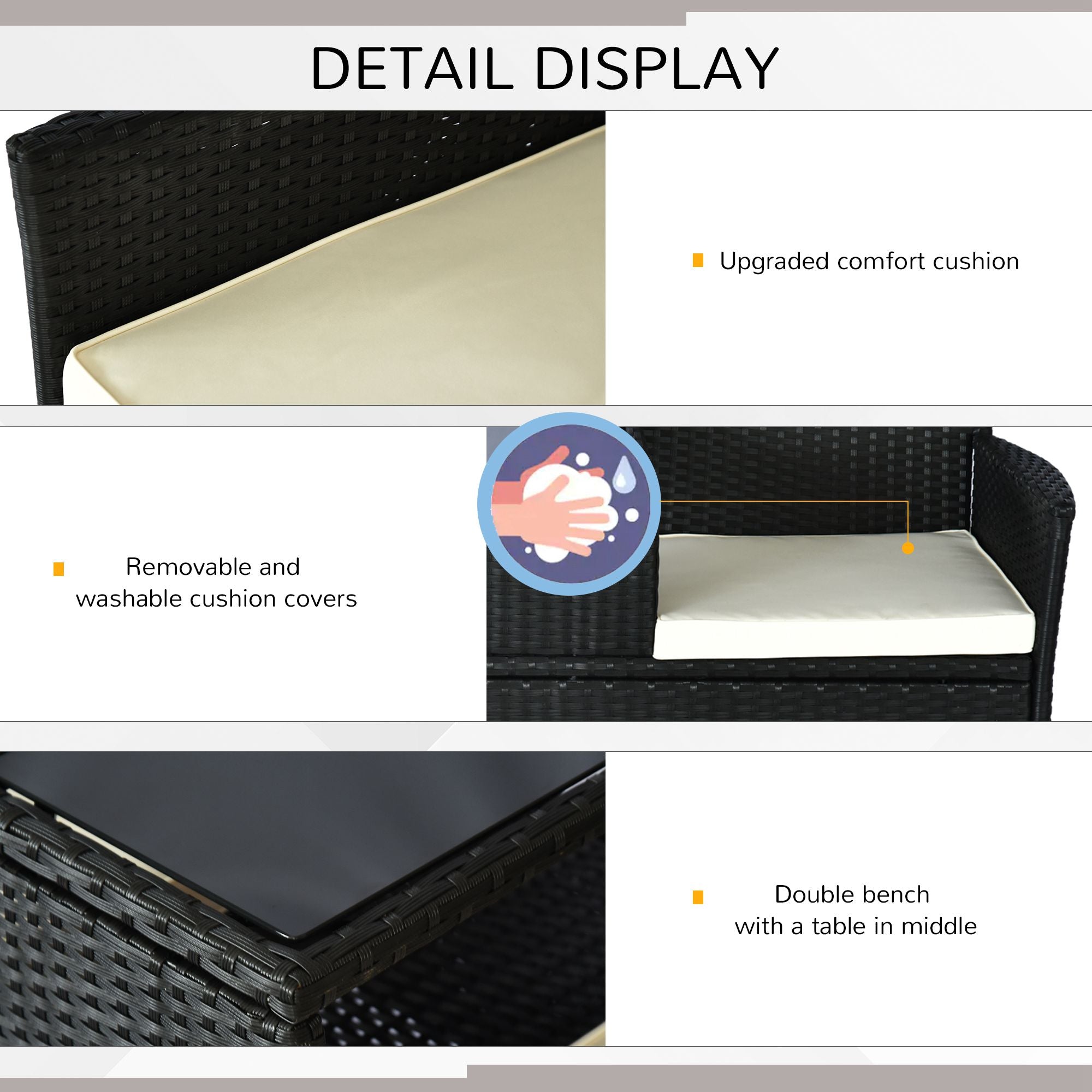 Kozy 2 Seater Rattan Campanion Chair Wicker Loveseat Outdoor Patio Armchair with Drink Table Garden Furniture - Black