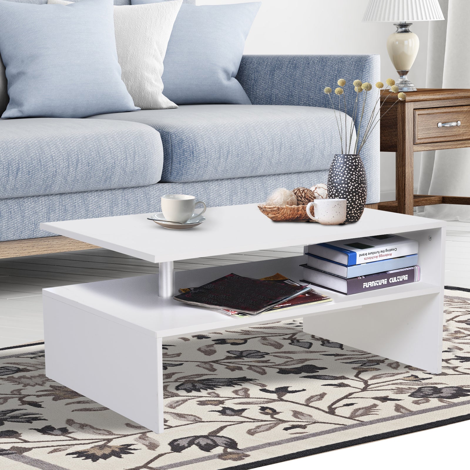 Kozy Coffee Table with Storage, 2-Tier Centre Table, Modern Living Room Table with Open Shelf and Aluminium Poles, White