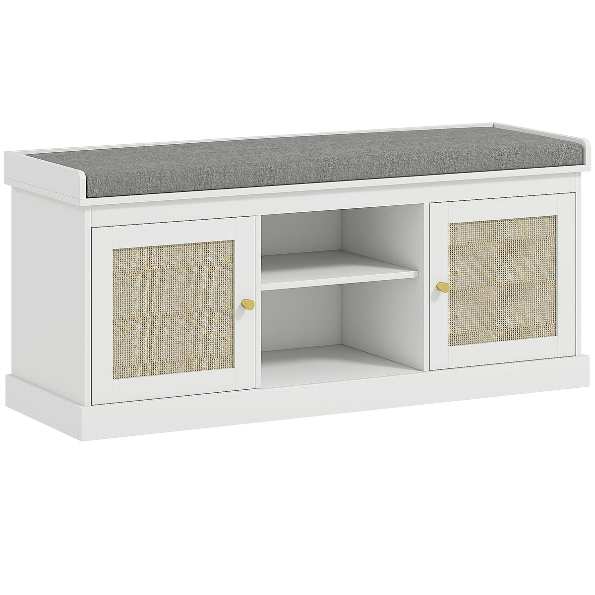 Kozy - Boho Shoe Storage Bench with Padded Cushion and Rattan Doors - White