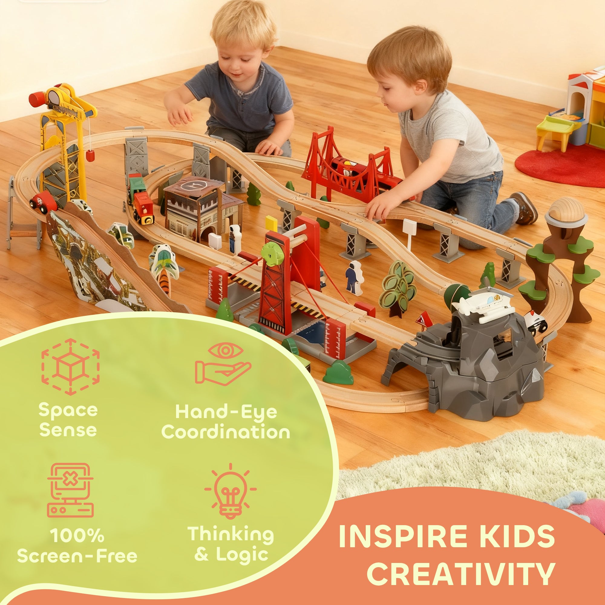 Kozy 100 Piece Wooden Train Set for Kids 3+ Years with Track, Crane, Battery Operated Train