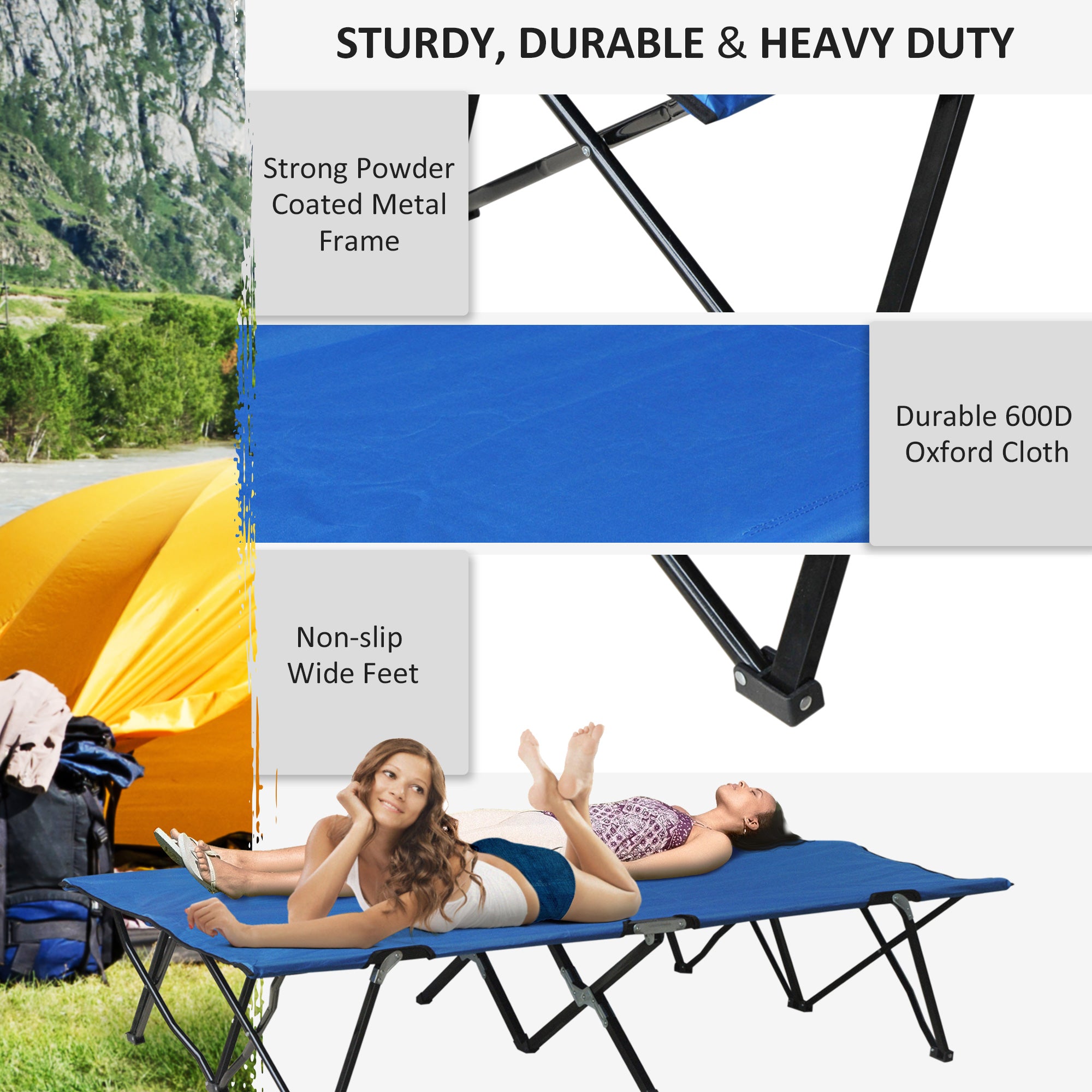 Outsunny Folding Double Camping Cot, Lightweight Outdoor Patio Sunbed with Carry Bag, Blue