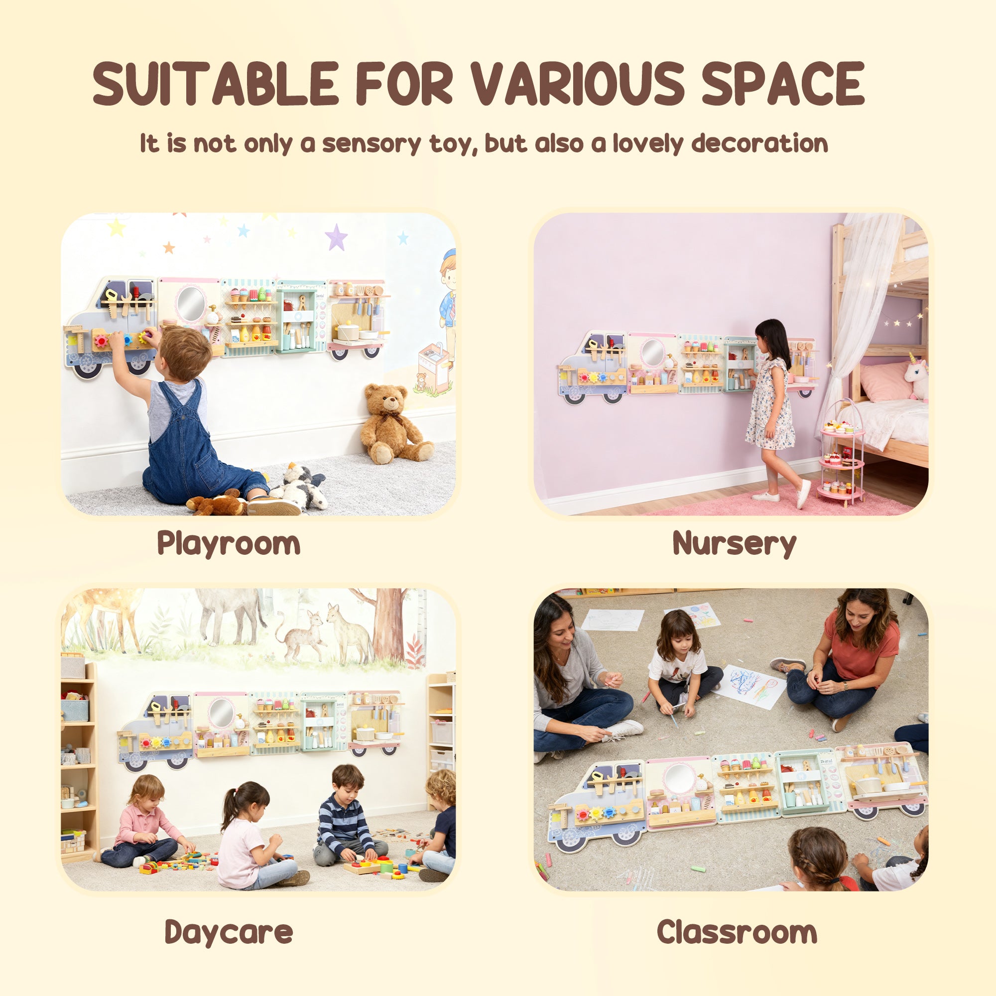 Kozy Wooden Busy Board, 5 in 1 Activity Wall Panels for Kids 3+ Years, for Daycare, Playroom, Home