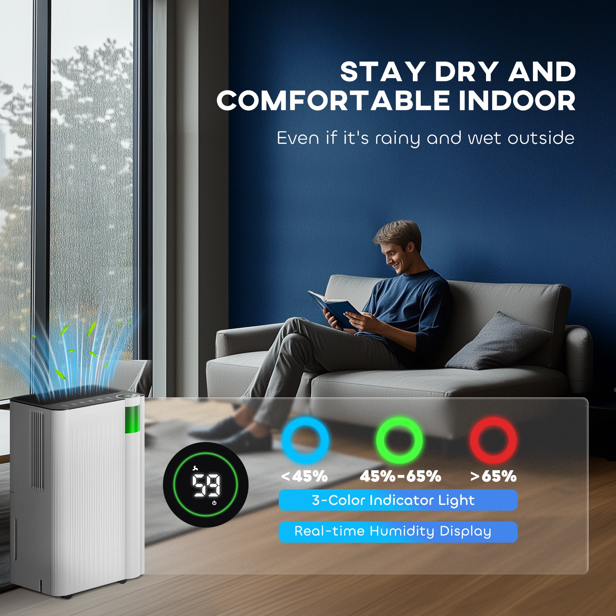 Kozy - 12L/Day Dehumidifier with Continuous Drainage, 2L Water Tank, 24H Timer, Digital Humidity Display, Filter, Auto Defrost, Children Lock, for Bedroom, Dehumidifier for Home Damp, Laundry Drying