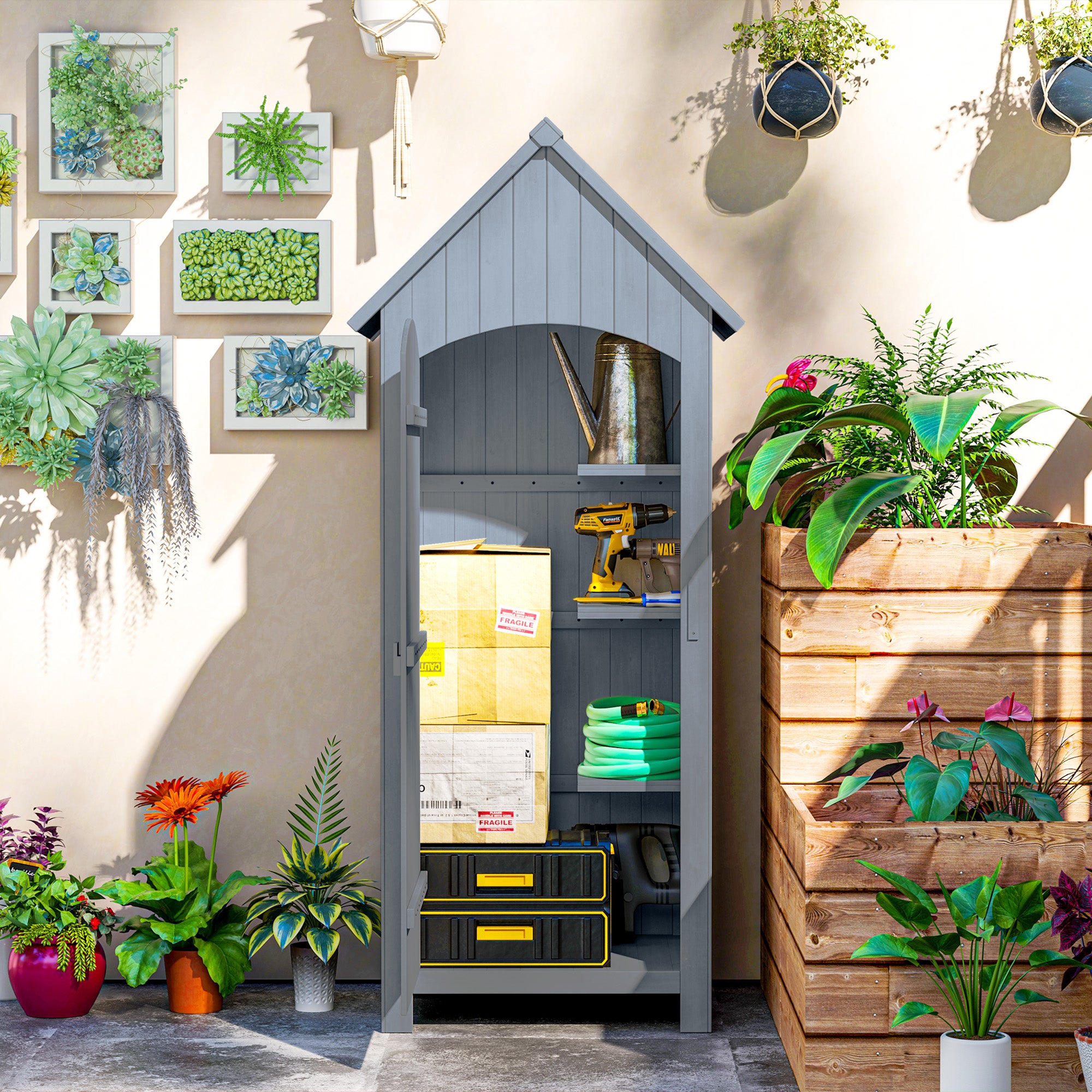 Kozy Wooden Garden Storage Shed with 3 Shelves, Outdoor Tool Storage Cabinet with Tilt Roof and Lockable Door, 77.5 x 54.2 x 179.5 cm, Grey