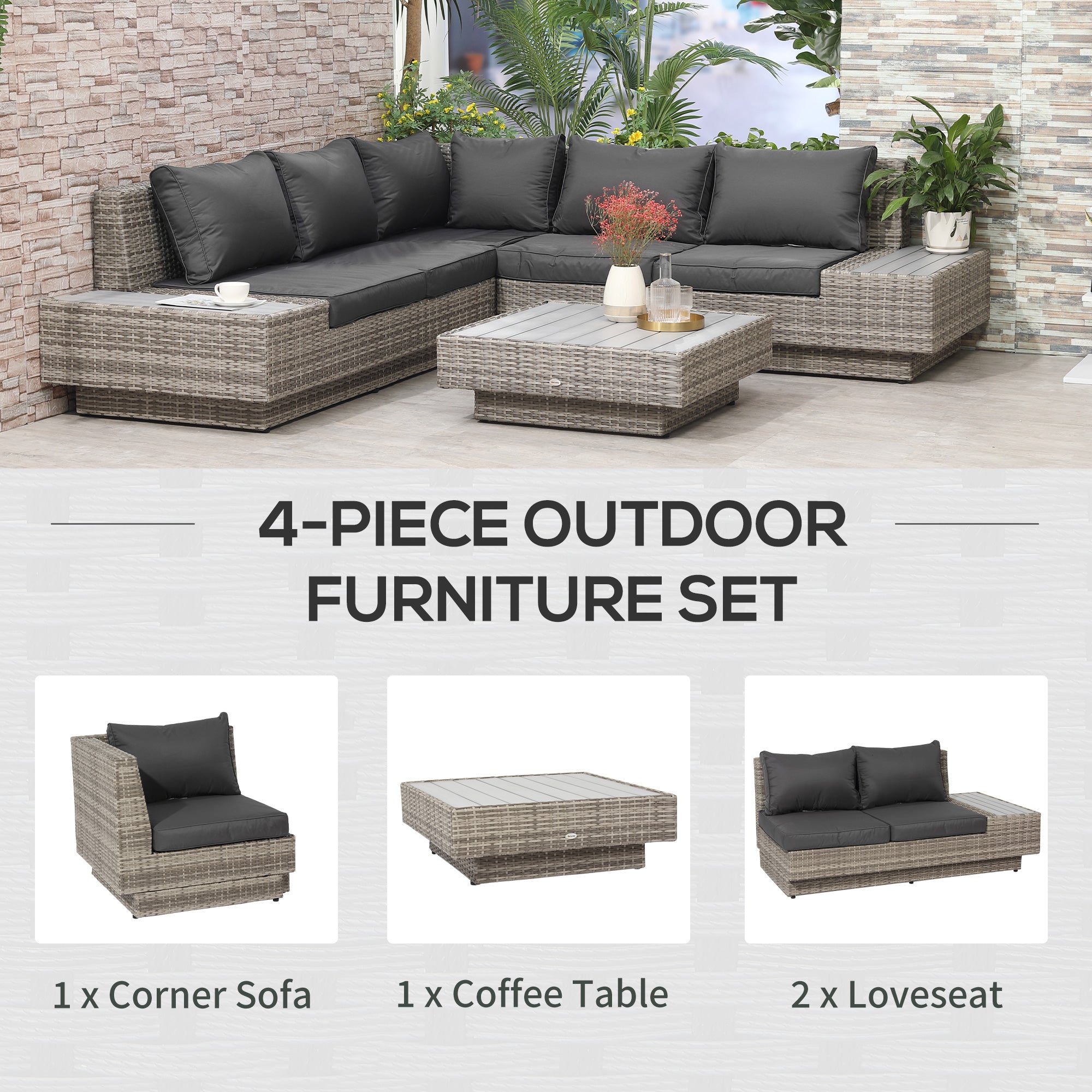 Kozy 4 PCs Rattan Garden Furniture Outdoor Sectional Corner Sofa and Coffee Table Set  Conservatory Wicker Weave Furniture with Armrest and Cushions - Light Grey