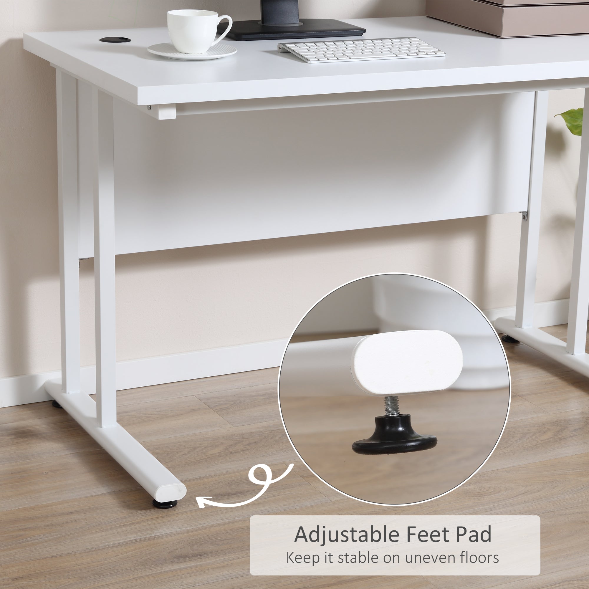 Kozy Computer Desk, Home Office Desk, Writing Table, 120x60x75cm Laptop Workstation with 2 Cable Management Holes, C Shaped Metal Legs for Adults, White