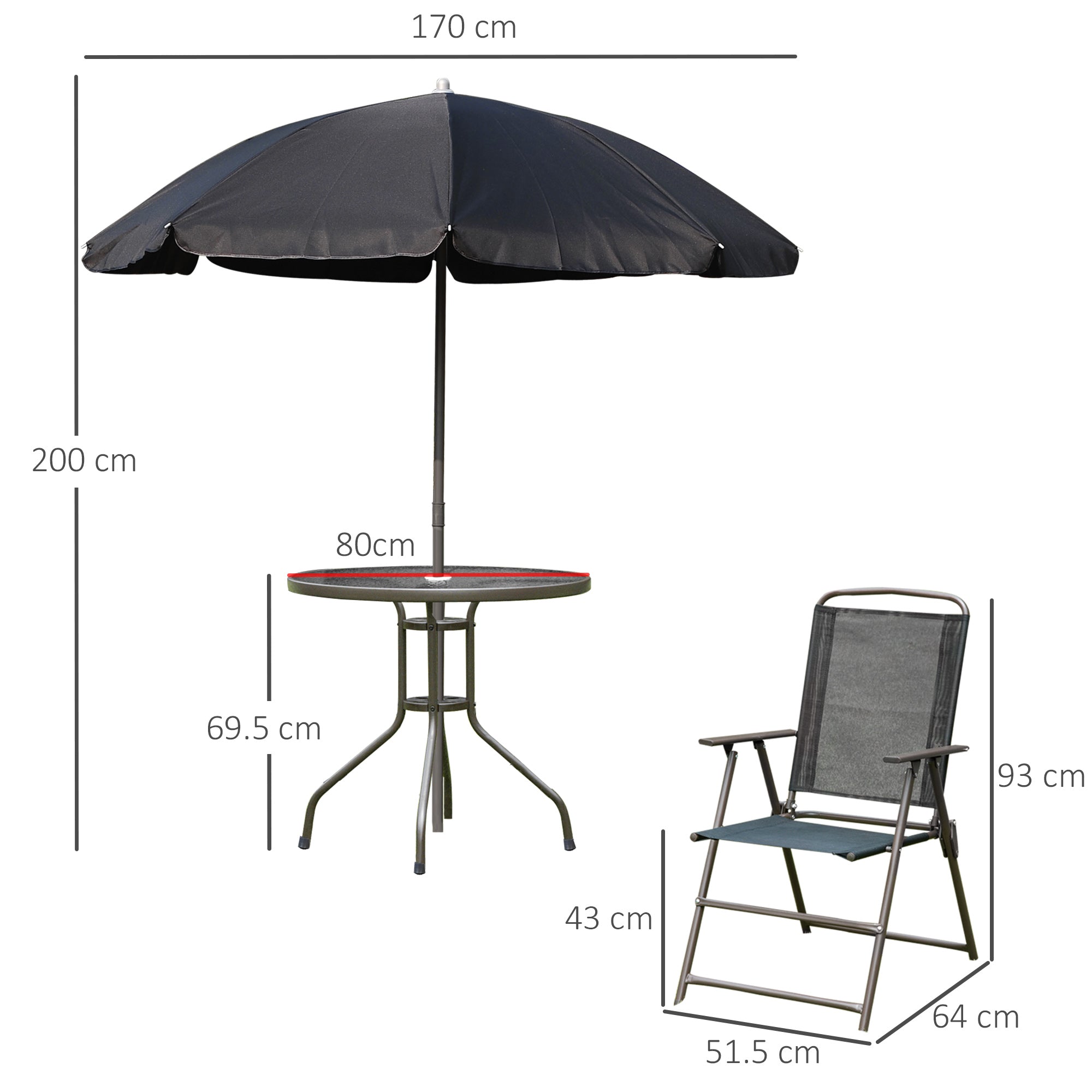 Kozy 6 Piece Garden Dining Set with Umbrella, Patio Sets with Parasol with 4 Folding Dining Chairs & Round Tempered Glass Table, Black