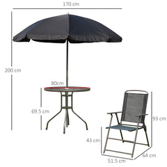 Kozy 6 Piece Garden Dining Set with Umbrella, Patio Sets with Parasol with 4 Folding Dining Chairs & Round Tempered Glass Table, Black