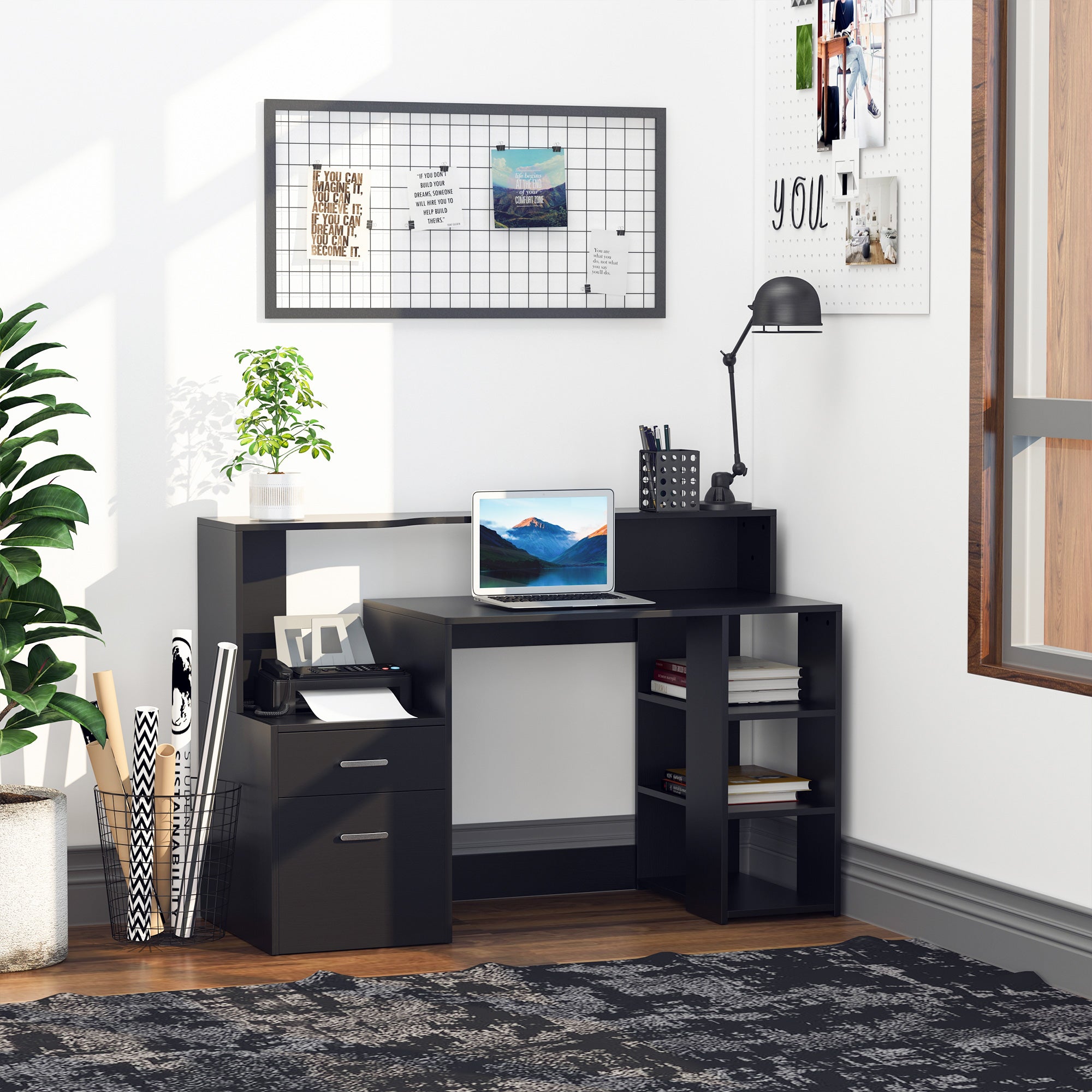 Kozy Computer Desk with Drawers and Storage Shelves, Office Desk Writing Table with Printer Stand, Large Workstation for Study Play Work Home Office, 137 x 55 x 92cm, Black
