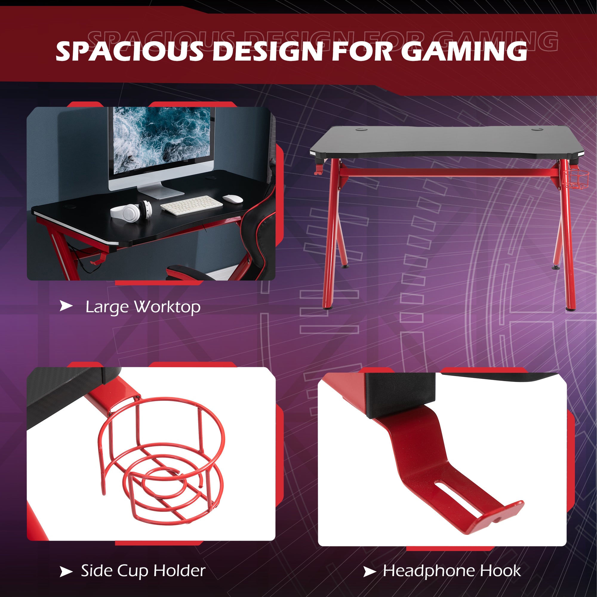 HOMCOM Gaming Desk Computer Table Metal Frame with LED Light, Cup Holder, Headphone Hook, Cable Hole, Red