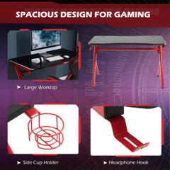 HOMCOM Gaming Desk Computer Table Metal Frame with LED Light, Cup Holder, Headphone Hook, Cable Hole, Red