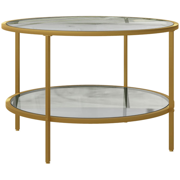 Round Coffee Table with Storage, 2-Tier Tempered Glass Coffee Table with Frame for Living Room, Tone